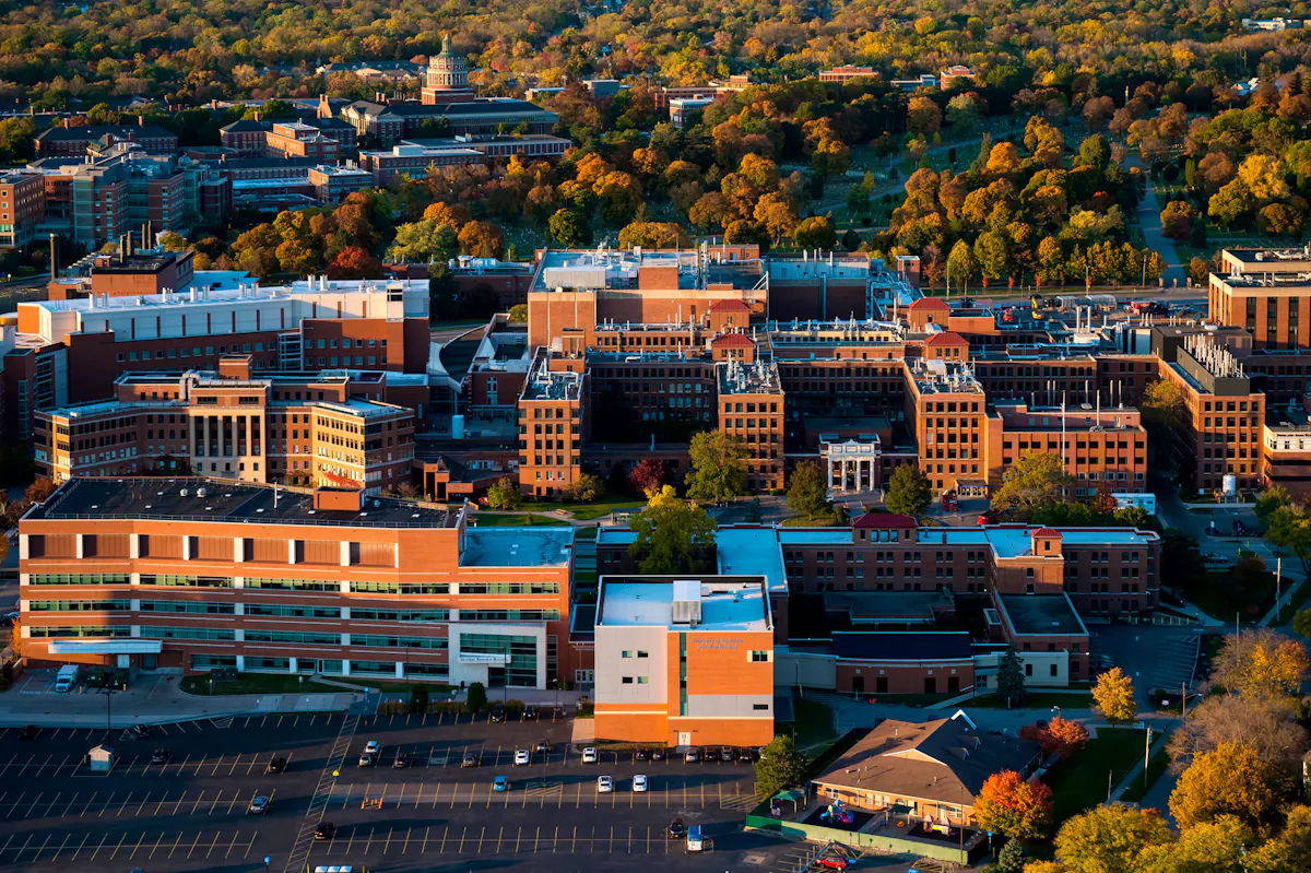 Aerial view of School of Nursing &amp; Health Sciences, University of Rochester and Medicine campuses