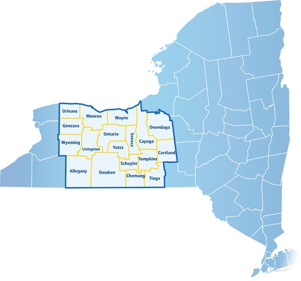 Map of Finger Lakes region including 18 counties