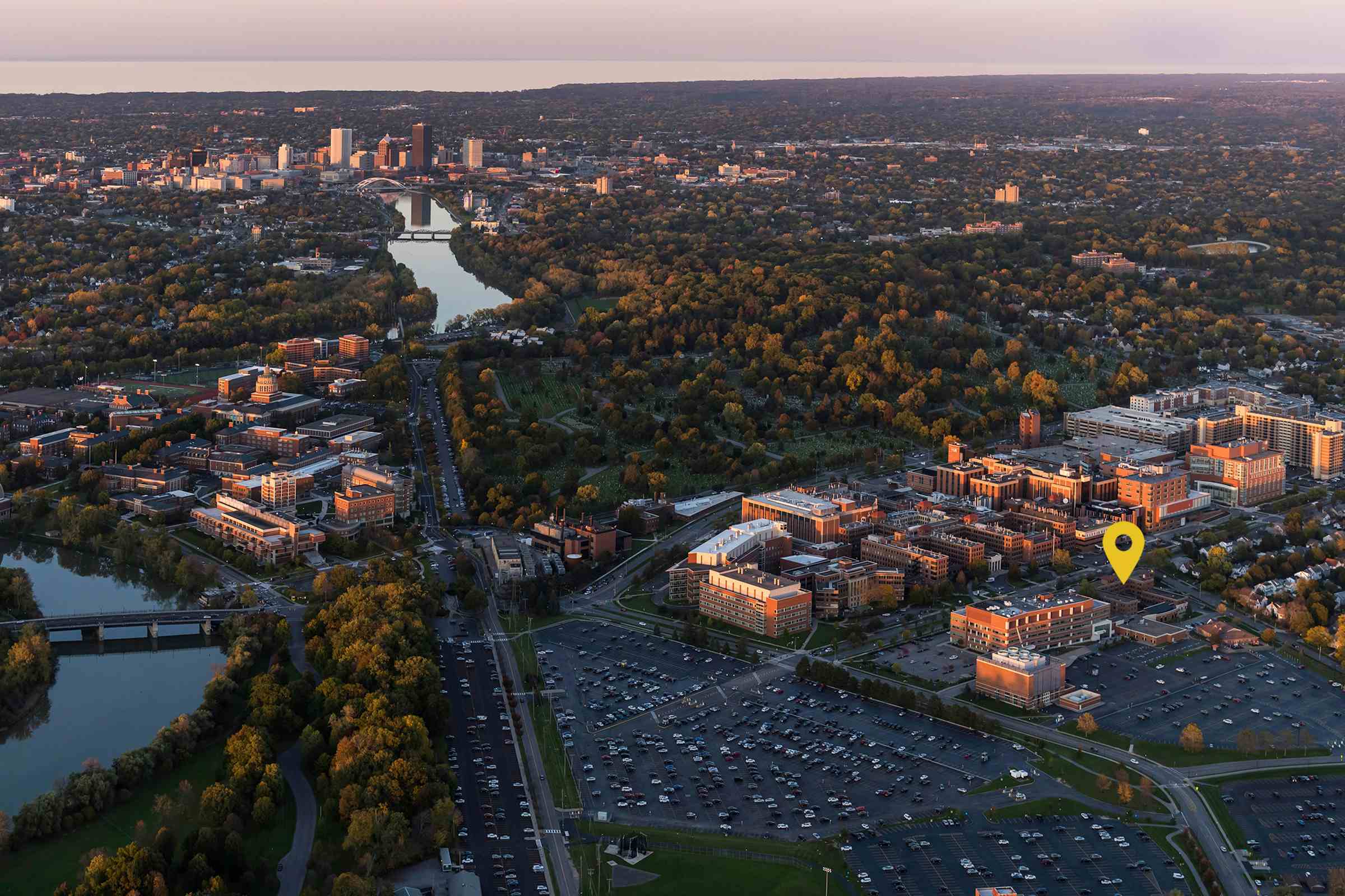 Aerial image of the University of Rochester campus