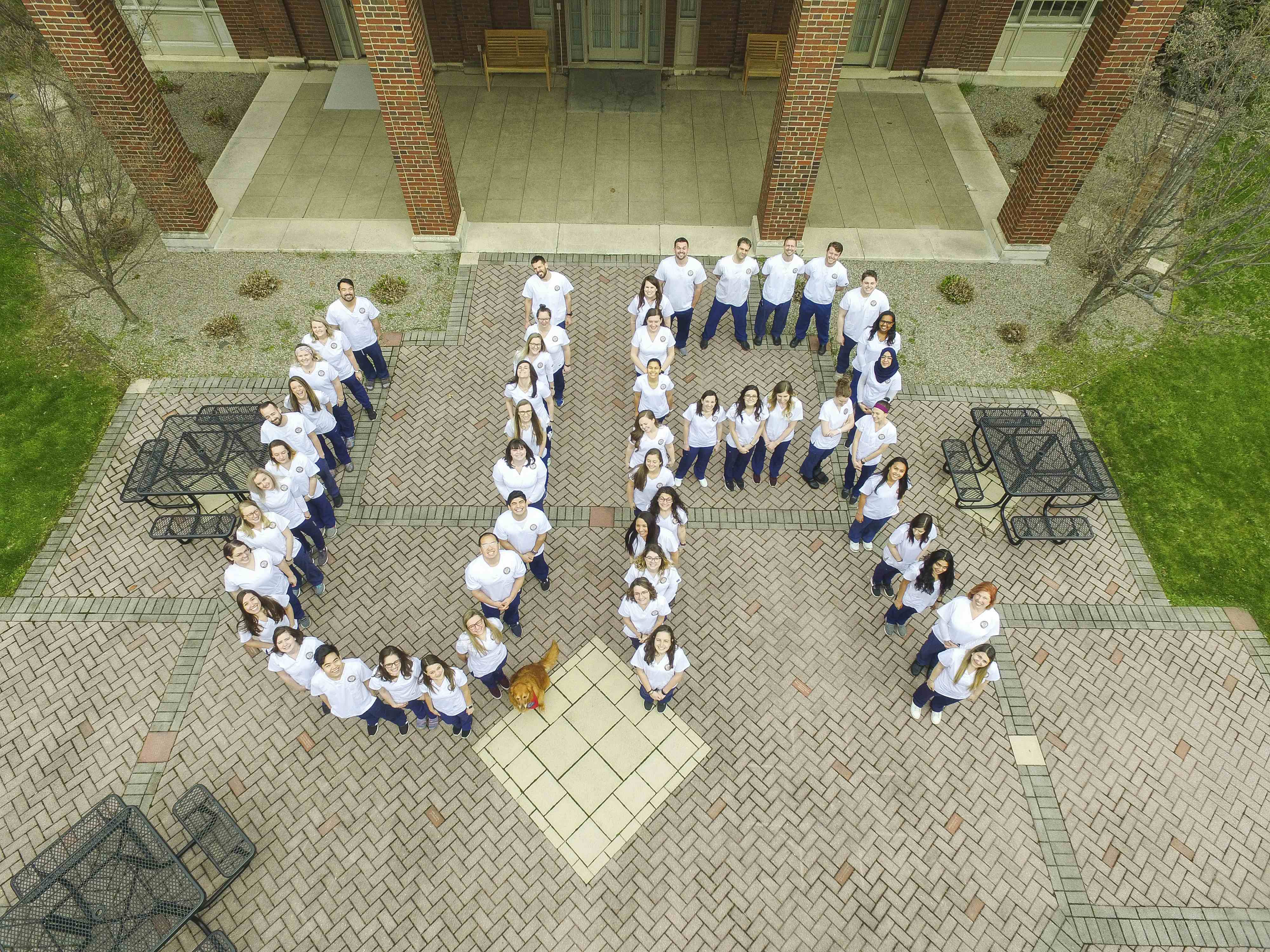 Drone shot of nursing students spelling UR.