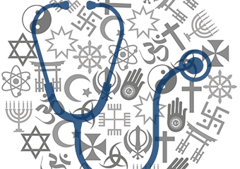 Religious symbols overlayed by a stethoscope