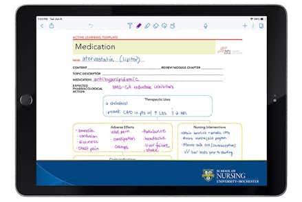 School of Nursing iPad screen displaying a medication information