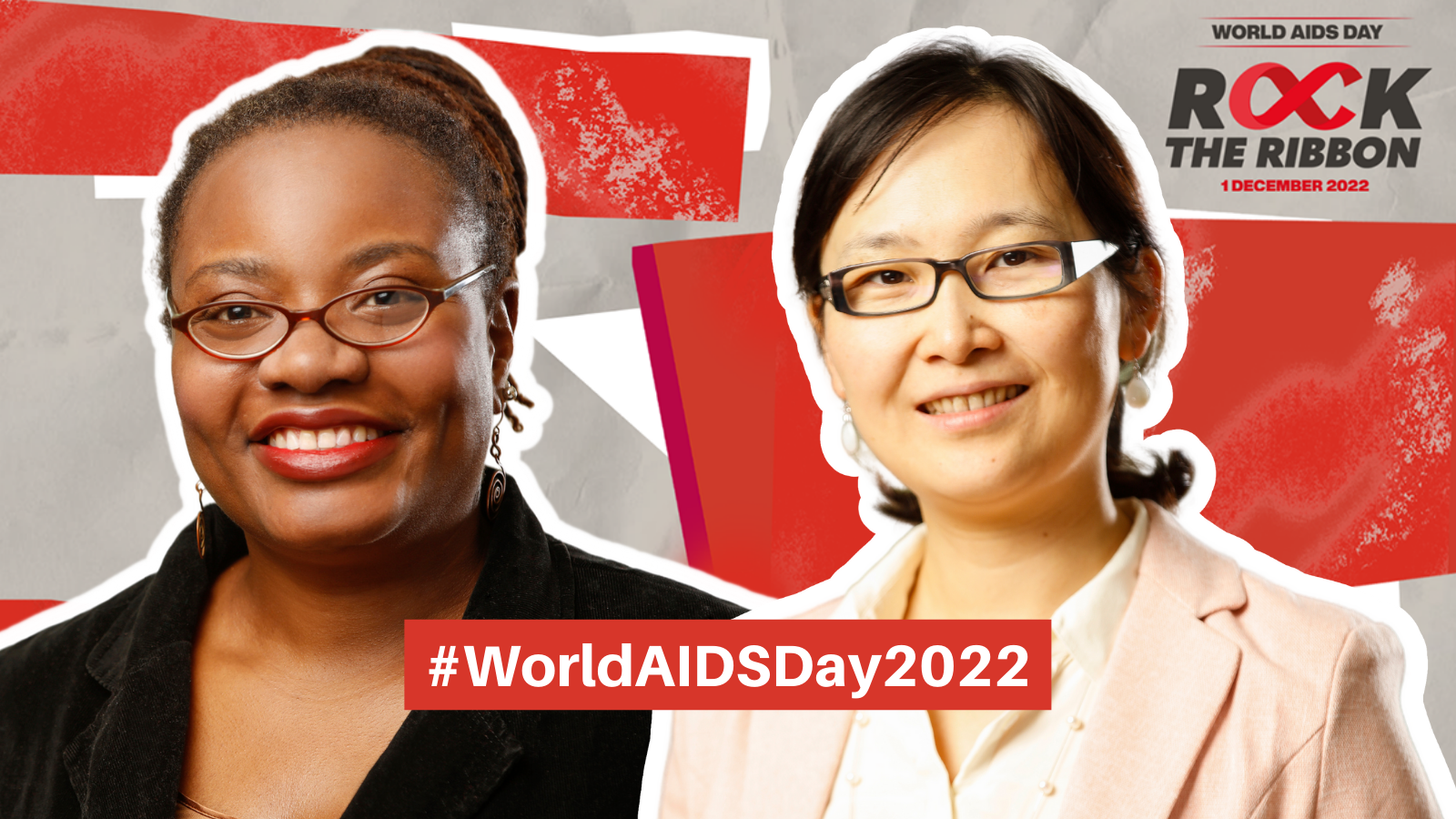 Photo of Natalie LeBlanc and Chen Zhang with the World AIDS Day logo on a red and tan background