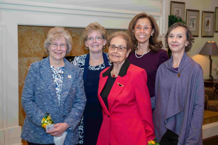 Alumni, pictured here with Dean Kathy Rideout, were honored at the 2022 Dean's Diamond Circle dinner (left to right): Kathy Hiltunen, Mary-Therese Dombeck, Sally Ellis Fletcher, Kim Urbach. Not pictured: Jacquelyn Campbell and Elizabeth Marie Nolan.