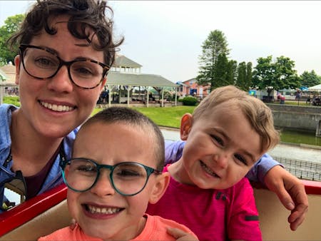 Erin Sabo takes a selfie with her two children.