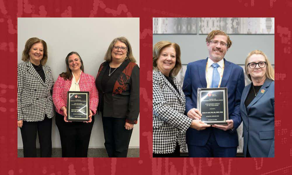 Collage of two photos that show Ann and Salah receiving awards; a red background in the back shows an ECG monitor pattern