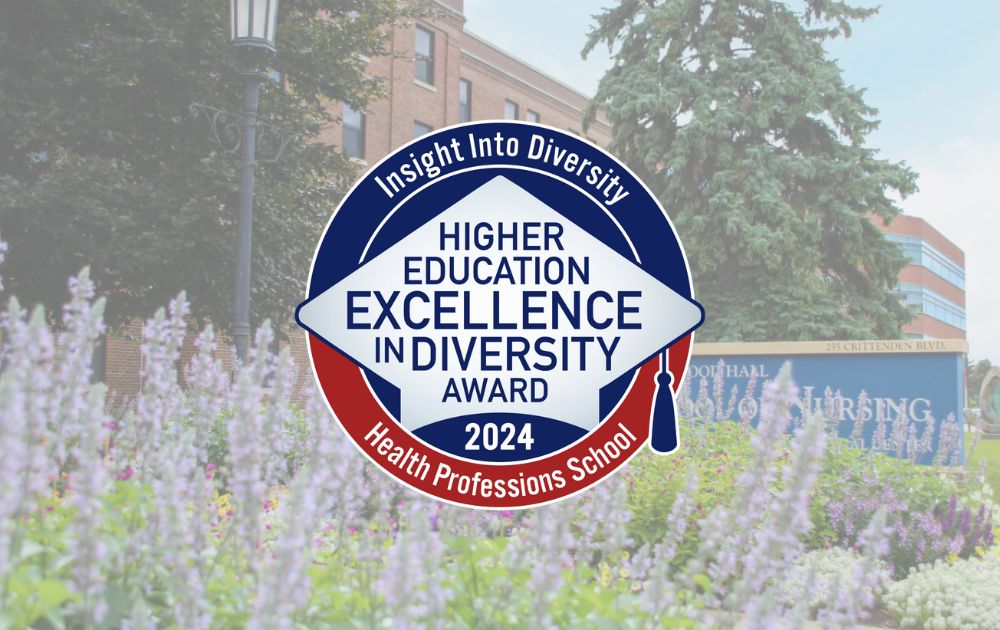 HEED Health Professions logo, centered over a photo of the School of Nursing front entrance and flower garden.