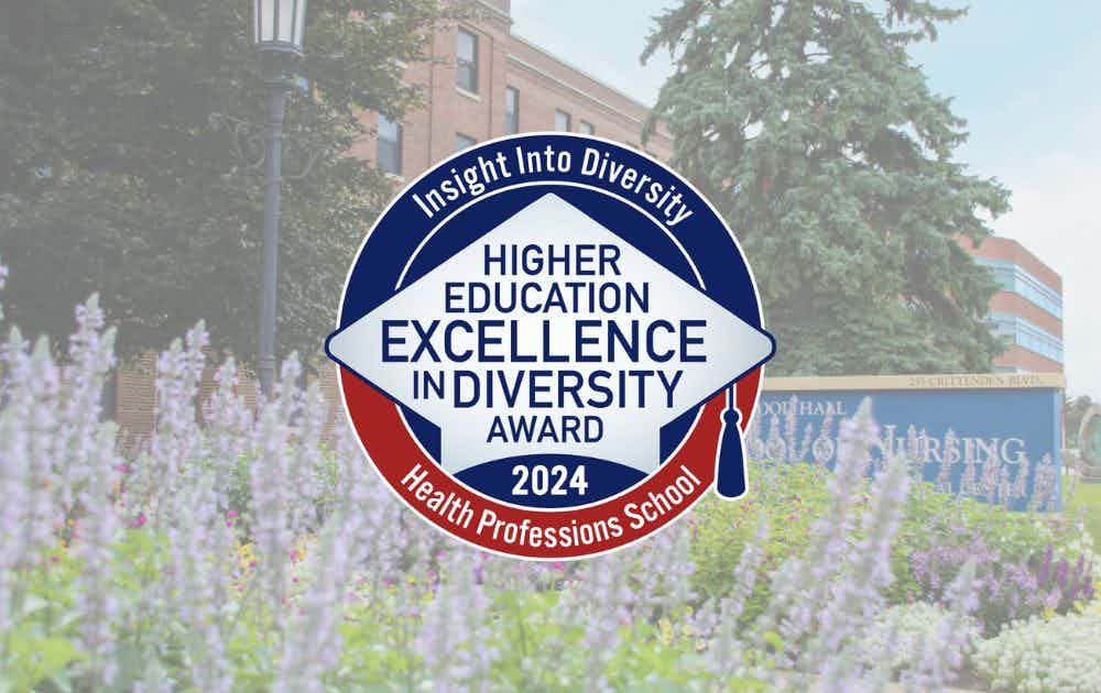 HEED Health Professions logo, centered over a photo of the School of Nursing front entrance and flower garden.