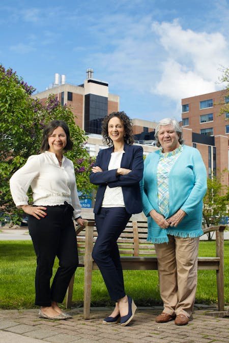 Group photo of 3 NPs outside of the University of Rochester Medical Center campus.