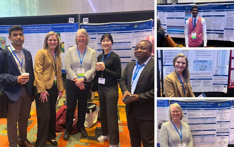 Collage of photos of PhD students posing with research posters.