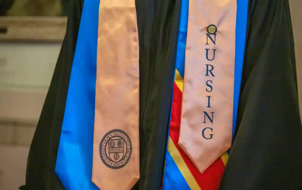 Close-up image of a graduation gown and nursing sash with gold pin