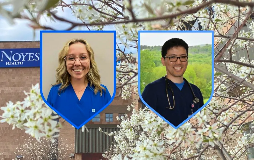 Photo of two nursing students in shield-shaped frames, over a background of the Noyes Health building