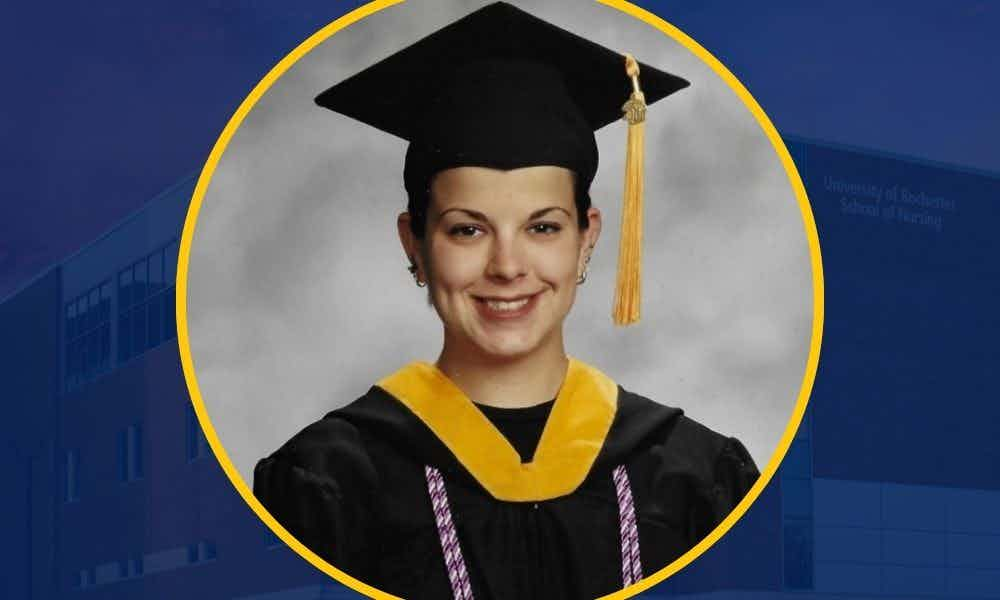 Kim Treverton in a black graduation cap and gown