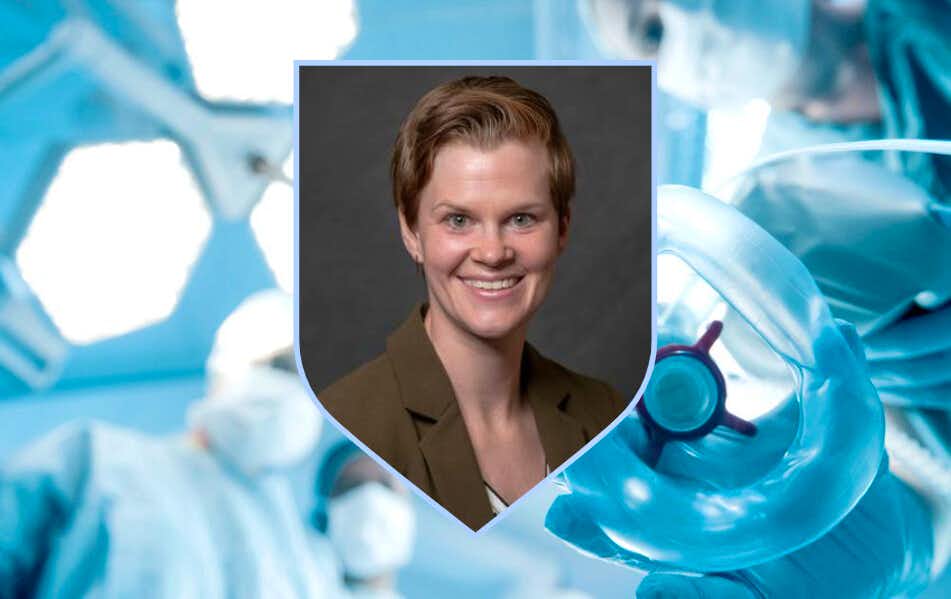 Alison Henry in a shield-shaped frame, with a stock photo of anesthesia providers in an operating room.