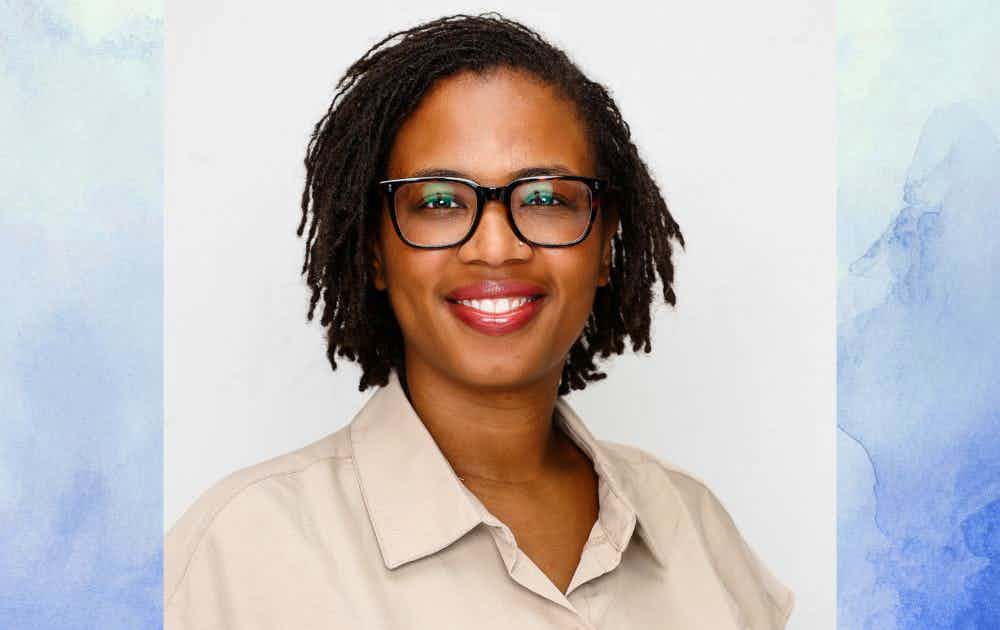 Headshot of Arnice Jackson over a white and blue watercolor background